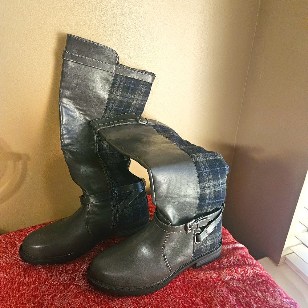 Gray and Plaid Knee Boots